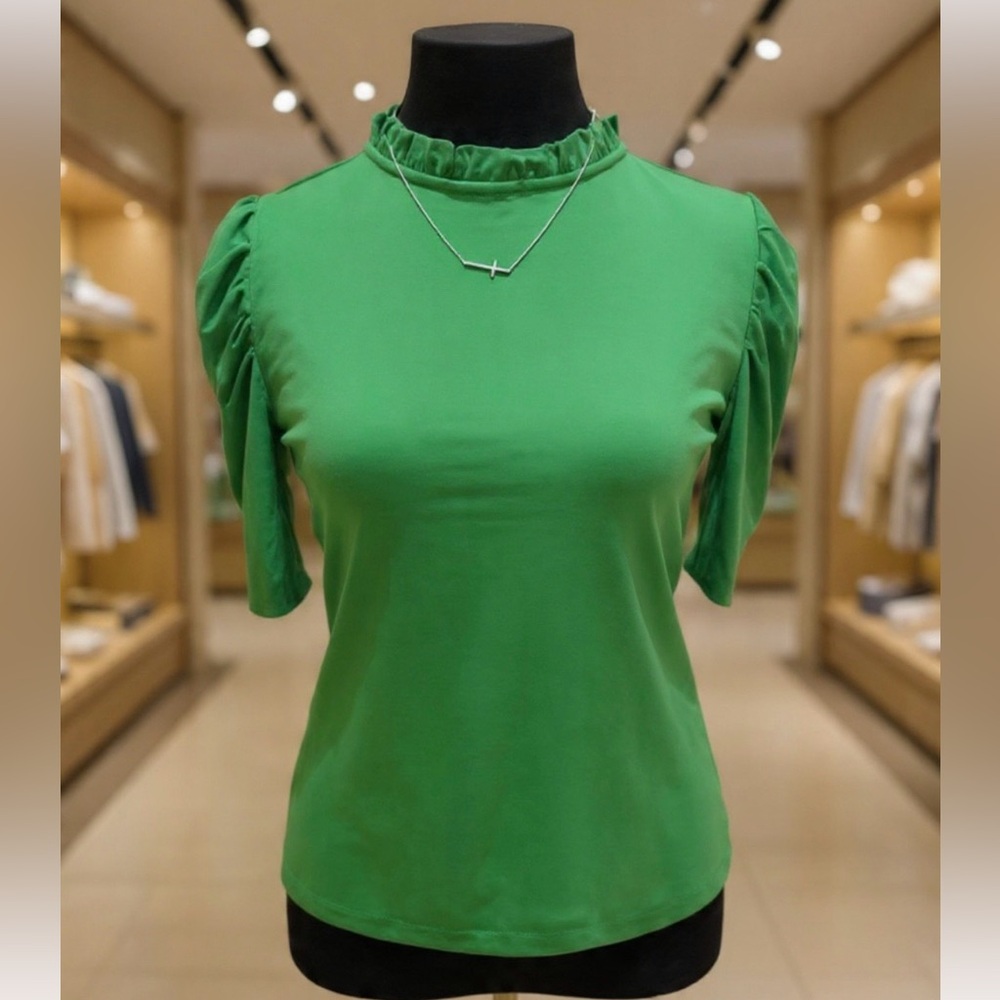 CeCe Green Ruffle Mock Neck Short Sleeve Blouse